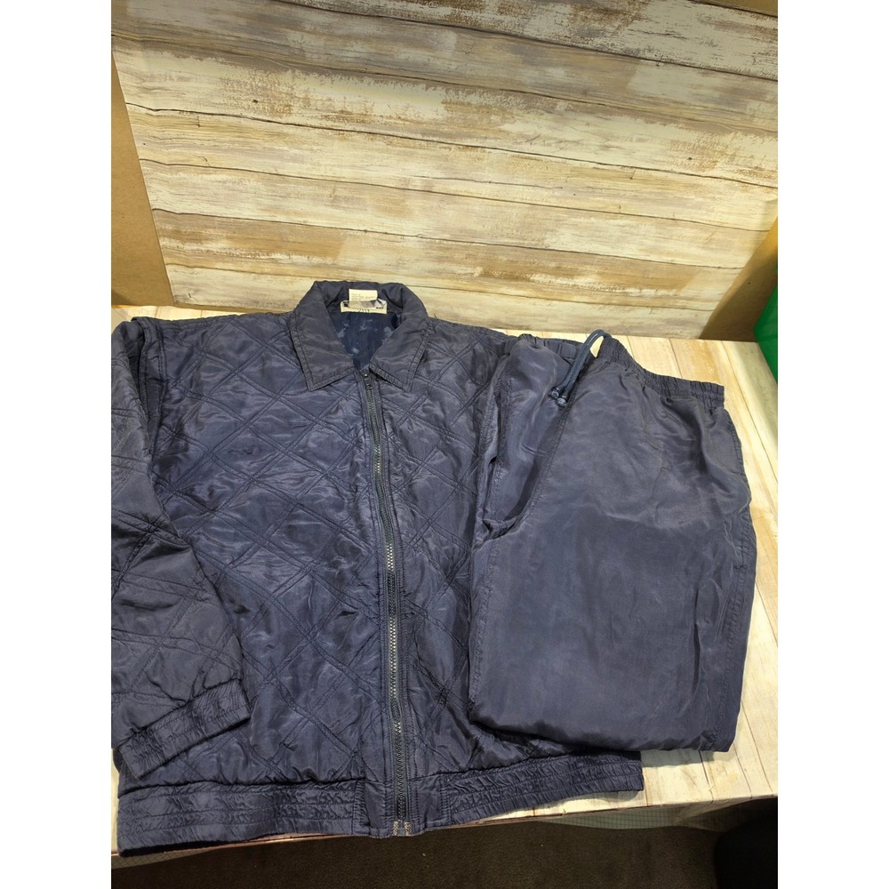 Silk Exchange Navy Blue 100% Silk Quilted Jacket & Pants Tracksuit Set Womens M